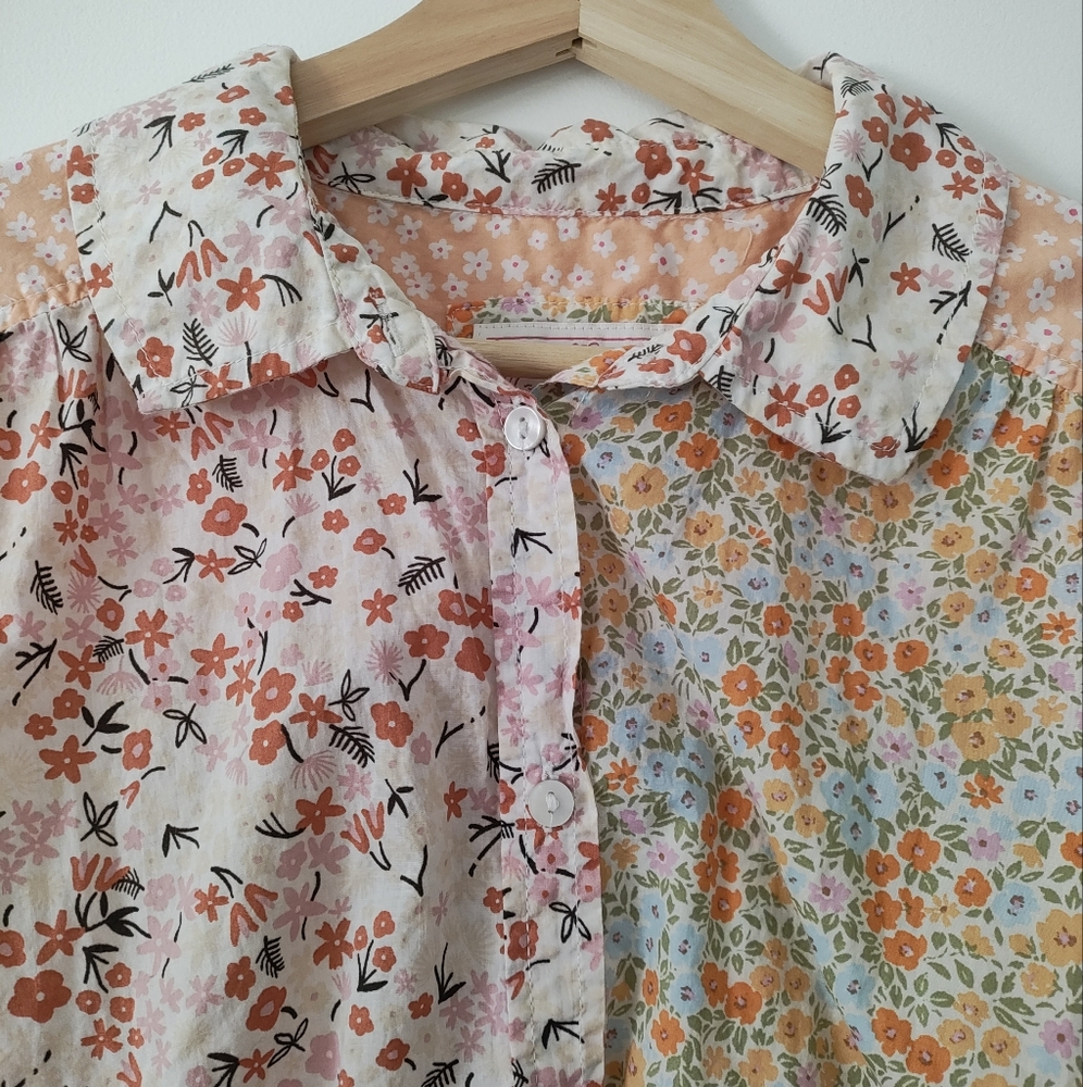 Multi-fabric Floral Button Down